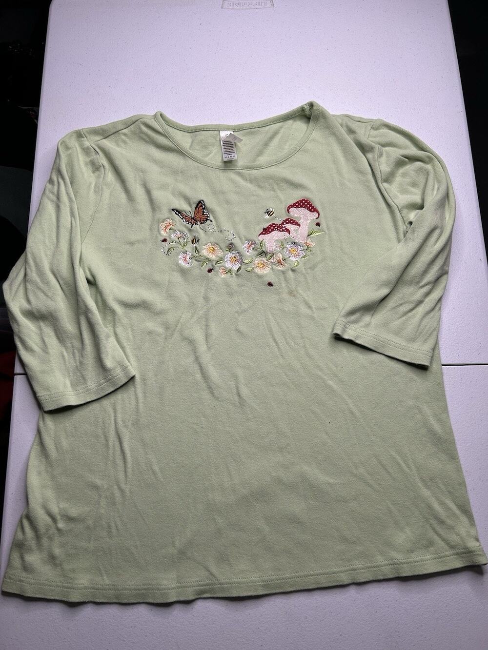 Grandmacore Morning Sun Vintage Cotton Mushroom Butterfly Embroidered Tee Size L